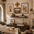 Living room with rustic decor, including a fireplace, shelves with books and vases, and wall art.