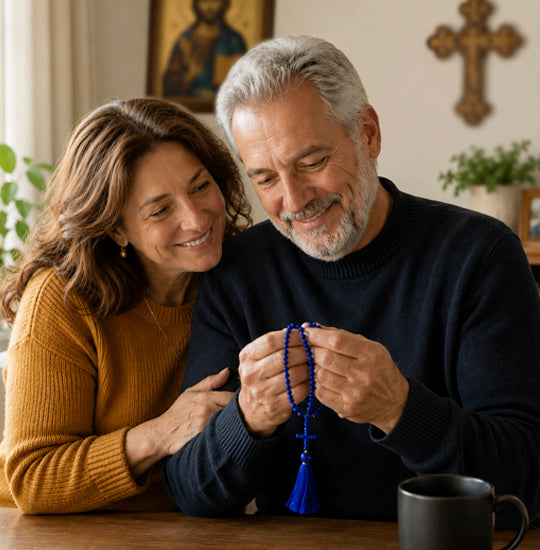 Man and woman holding blue prayer rope together, surrounded by religious Orthodox iconography.