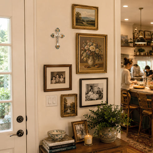 Decorative wall with framed pictures, a cross, and a plant in a home setting.