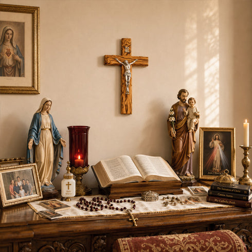 Religious items on a wooden altar including statues, cross, and open book.