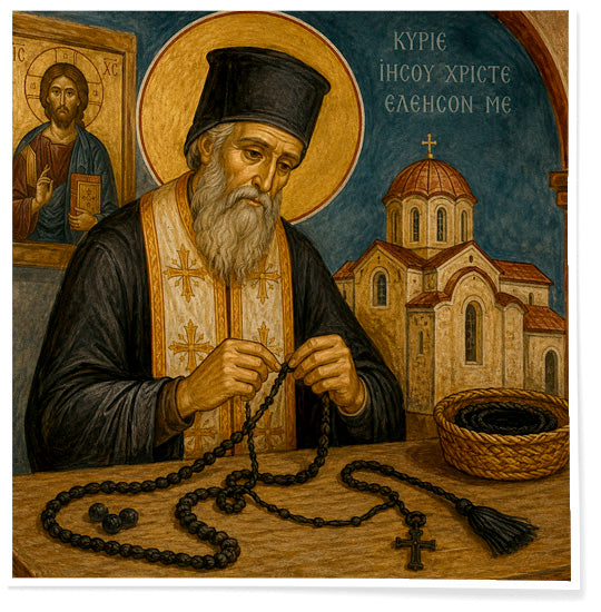 Painting of a religious figure with a Chotki and church in the background