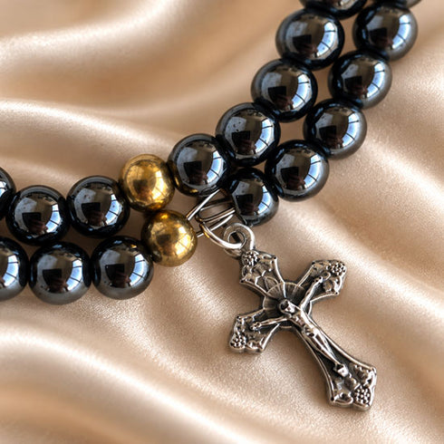 Hematite Crucifix Bracelet with Gold Accents from the Holy Land