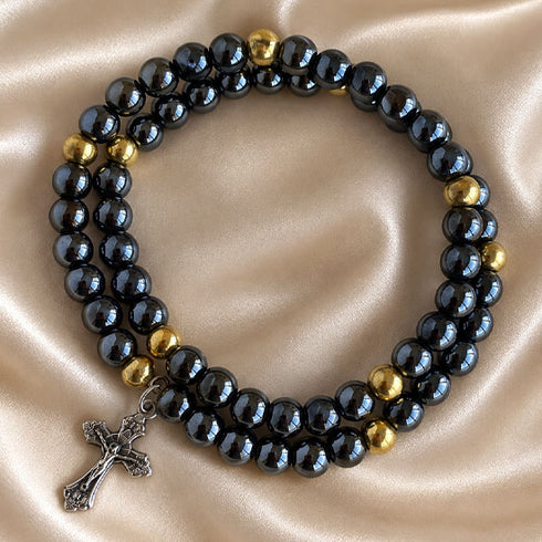 Hematite Crucifix Bracelet with Gold Accents from the Holy Land