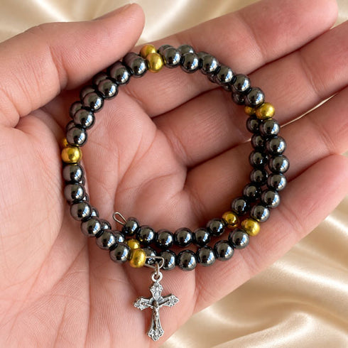 Hematite Crucifix Bracelet with Gold Accents from the Holy Land