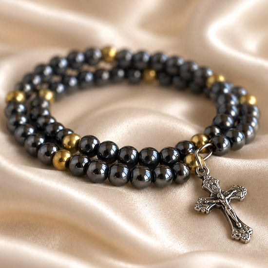 Hematite Crucifix Bracelet with Gold Accents from the Holy Land