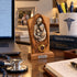 Holy Family olive wood plaque displayed in a home office with a softly blurred desk setting behind it