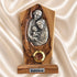 Holy Family olive wood plaque with natural grain and bark edge, shown upright against a neutral background