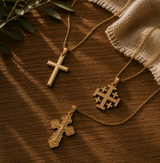 Three gold cross necklaces on a wooden surface with a textured fabric and leaf decoration.