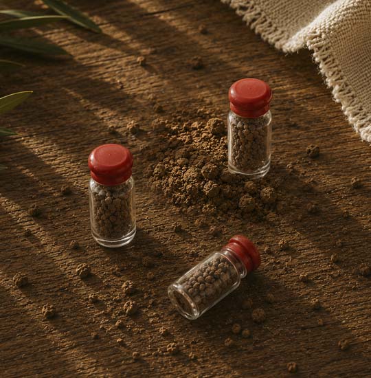 Three viakls of holy soil with red cap standing on a table