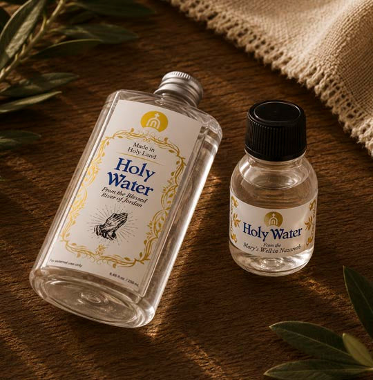 Holy water bottles on a wooden table