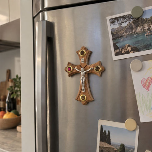 Holy Land Olive Wood Crucifix Magnet with Four Holy Elements
