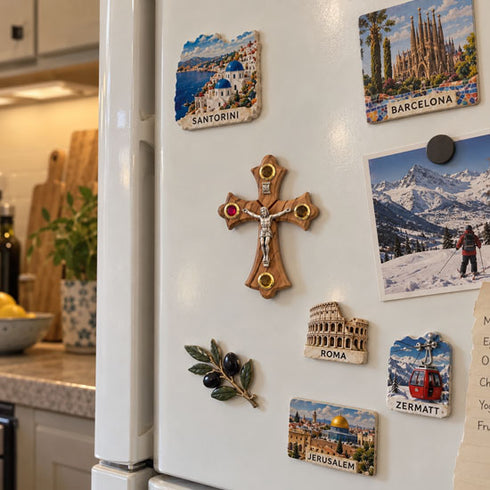 Holy Land Olive Wood Crucifix Magnet with Four Holy Elements