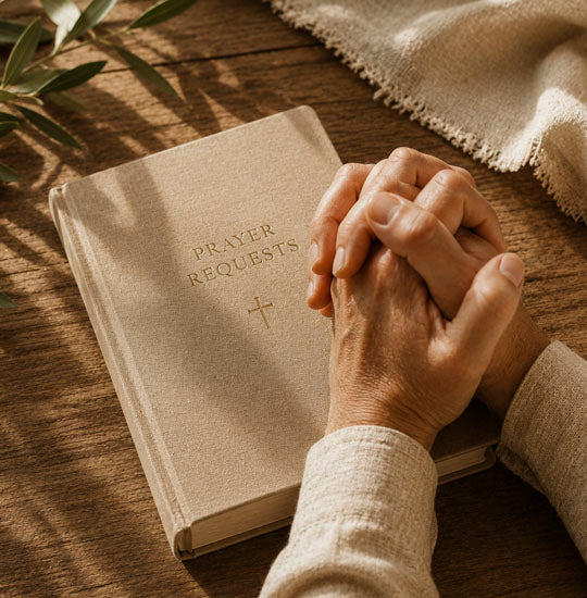 Praying hands above a bible on a table