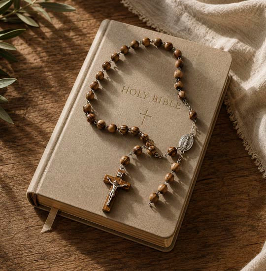 Wooden rosary laid down on a beige bible on a table