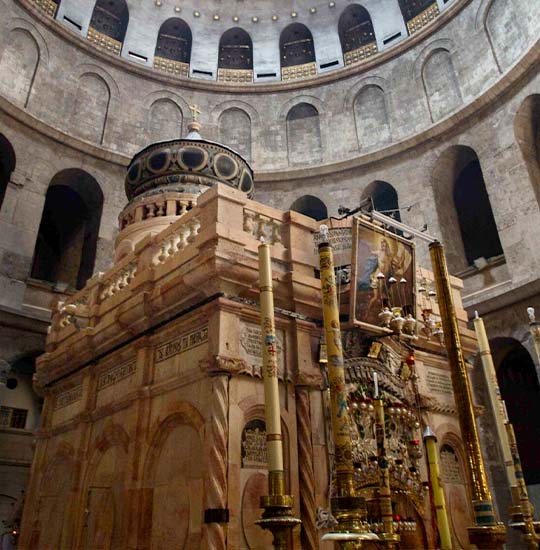 The Aedicule and the tomb of Jesus Christ at the Church of Holy Sepulchre in Jerusalem.
