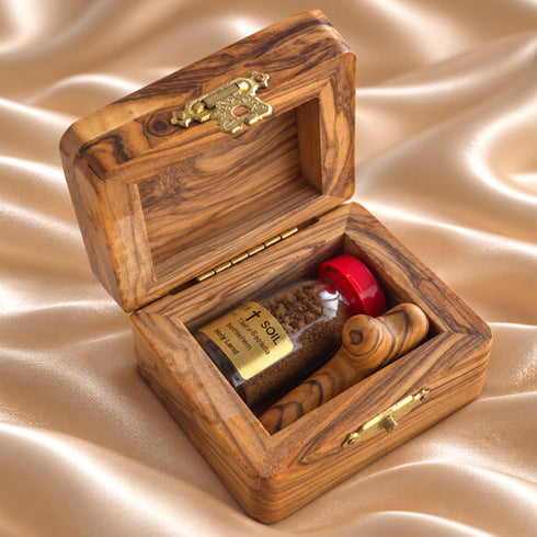 Holy soil and olive wood comfort cross devotional gift set from the Holy Land