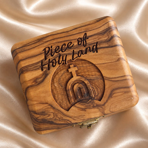 Olive wood gift box lid for holy soil and comfort cross Christian gift set