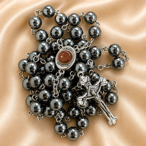 Black Hematite Rosary with Holy Soil from Jerusalem