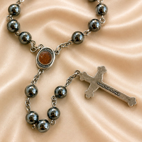 Black Hematite Rosary with Holy Soil from Jerusalem