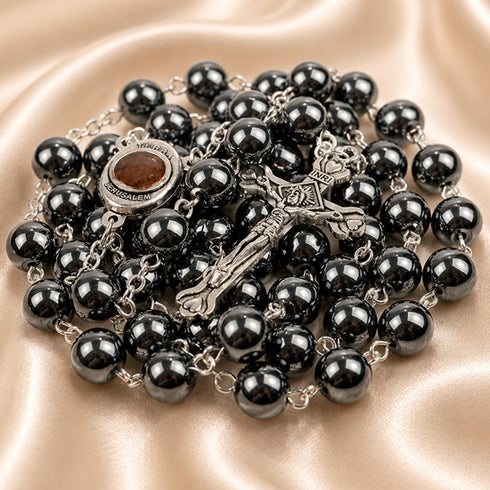 Black Hematite Rosary with Holy Soil from Jerusalem