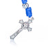 Image of a small blue and iron St. Benedict keychain rosary with a crucifix, against white background.