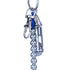 Image of a small blue and iron St. Benedict keychain rosary with a vial of Holy Soil from the Holy Land, against white background.