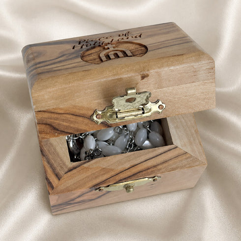 Olive wood rosary box with white pearl beads and metal crucifix, open display