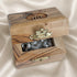 Olive wood rosary box with white pearl beads and metal crucifix, open display