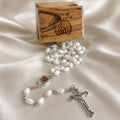 White Pearl Rosary with Holy Soil from Jerusalem in Olive Wood Box