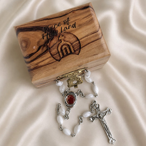 Olive wood rosary box with Holy Land carving and white pearl rosary with cross
