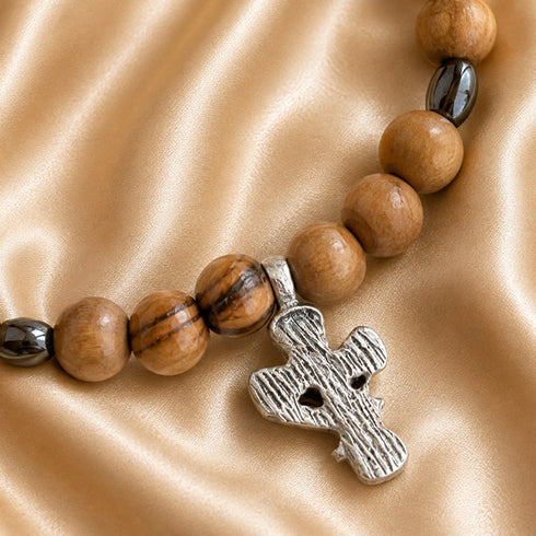 Olive Wood & Hematite Bracelet with Holy Spirit Dove Cross