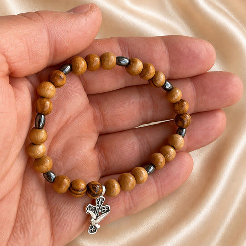 Olive Wood & Hematite Bracelet with Holy Spirit Dove Cross