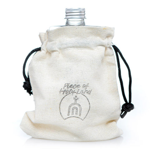 A light brown cotton bag with Piece of Holy Land logo containing Holy Water, against a white background.