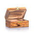 A large handcrafted olive wood box against white background.