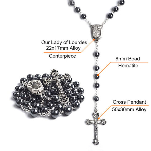 Black hematite rosary with detailed components labeled on a white background