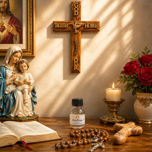 An altar with a wooden cross, a Virgin Mary and baby Jesus statue, rosary, a Holy Water bottle, a Bible, a lit candle, and red roses