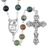 Rosary with colourful stone beads and silver crucifix on a white background