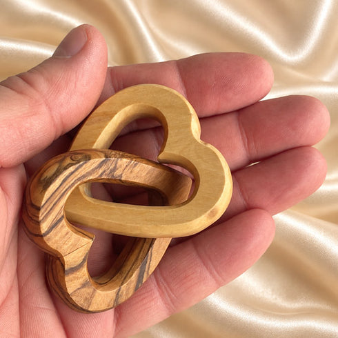 Interlocking Olive Wood Hearts – United Hearts of Jesus & Mary