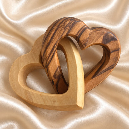 Interlocking Olive Wood Hearts – United Hearts of Jesus & Mary