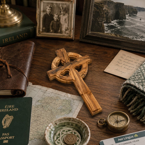 Handmade Irish Celtic Olive Wood Cross from the Holy Land