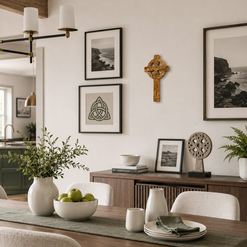 Dining room with a wooden table, chairs, and decorative elements on the wall.