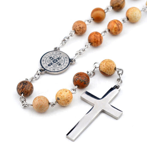 Shield of the Saint - St.Benedict Rosary with Picture Jasper Beads