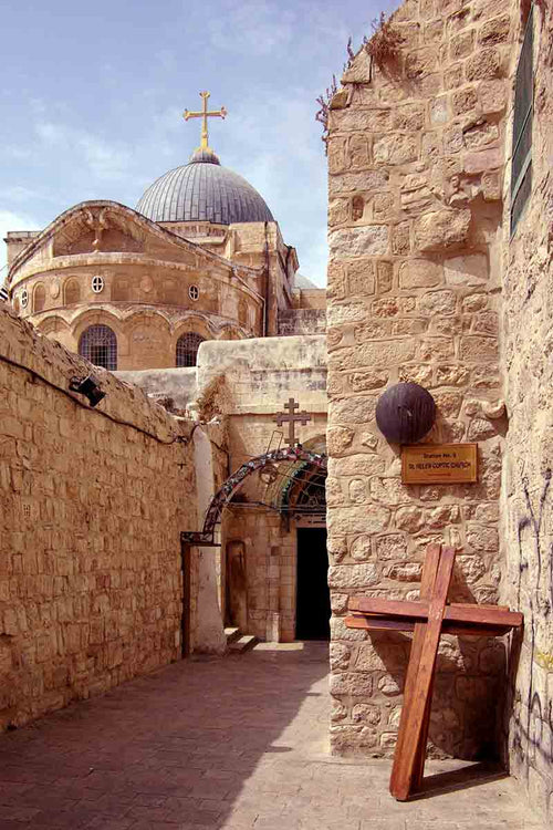 Two crosses at the Ninth Station of the Cross on the Via Dolorosa in Old Jerusalem.