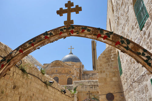 The main entrance to the Coptic Patriarchate is adjacent to the Ninth Station of the Cross on the Via Dolorosa.