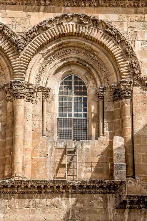 The window and the Immovable Ladder in the Church of the Holy Sepulchre
