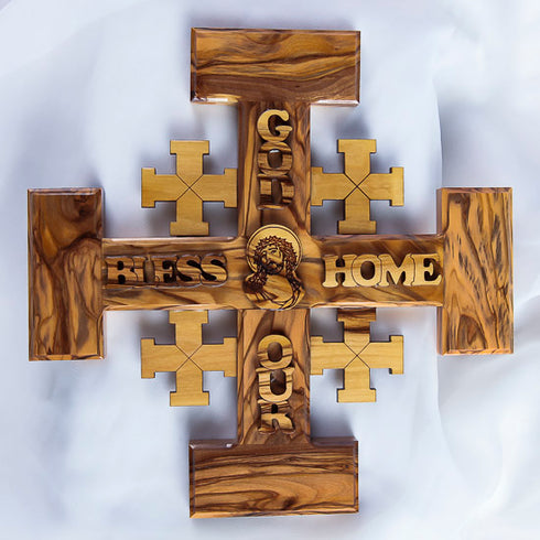 Olive wood Jerusalem Cross with God Bless Our Home carved on it