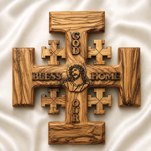 Olive wood Jerusalem Cross with God Bless Our Home carved on it
