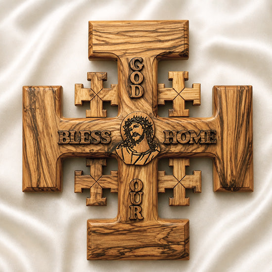 Olive wood Jerusalem Cross with God Bless Our Home carved on it