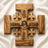 Olive wood Jerusalem Cross with God Bless Our Home carved on it