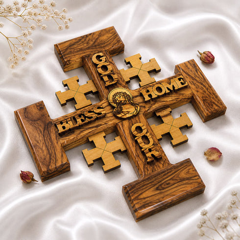 Olive wood Jerusalem Cross with God Bless Our Home carved on it